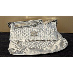 Y2K Vintage Silver Purse Shiny Quilted Handbag Tote Cosmetic Bag HSN Crossbody